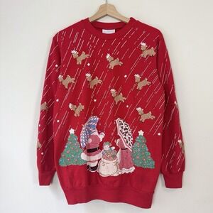 Vintage 90s Christmas Santa Mrs Claus Reindeer Art Funny AOP Red Sweatshirt S/M